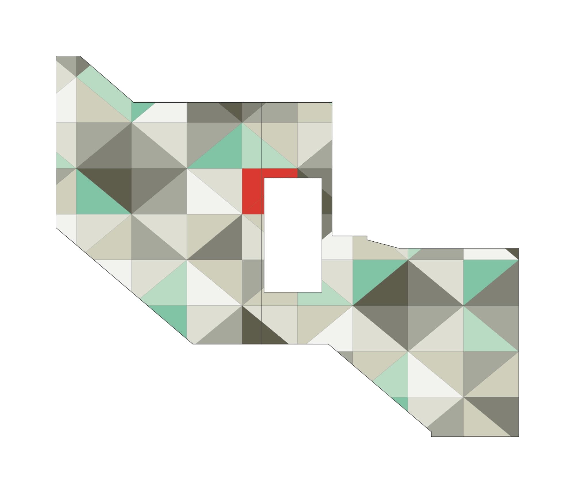 Mint & Vermillion — original layout study, with the wall plan mapped and the lone vermillion accent placed beside the window.